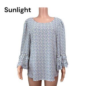 Max Studio Women SZ XL Blue Polka Dot Top Blouse Ruffle Bell 3/4 Sleeve Pullover